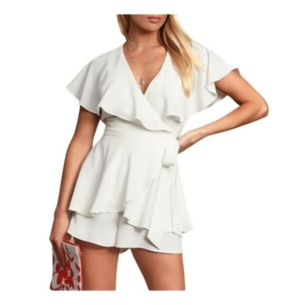 Aldrin White Ruffled Backless Wrap Skort Romper | LuLus | Large | NWOT‎ | SKU217